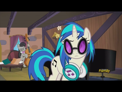 Size: 2048x1536 | Tagged: safe, screencap, dj pon-3, octavia melody, vinyl scratch, earth pony, pony, unicorn, g4, slice of life (episode), bipedal, cello, discovery family, discovery family logo, letterboxing, logo, musical instrument