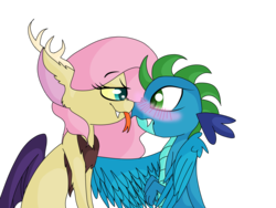 Size: 3200x2400 | Tagged: safe, artist:xxsunsetshimmer23xx, oc, oc only, oc:bedlam, oc:burgeon flare, dragon, hybrid, kindverse, blushing, female, high res, interspecies offspring, lesbian, looking at each other, offspring, offspring shipping, parent:discord, parent:fluttershy, parent:princess ember, parent:spike, parents:discoshy, parents:emberspike, shipping, simple background, tongue out, transparent background