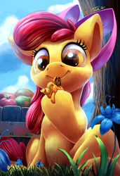 Size: 823x1200 | Tagged: safe, artist:tsitra360, apple bloom, applejack, earth pony, pony, bridle gossip, g4, apple, appletini, basket, butt, cowboy hat, cute, duo, duo female, female, flower, food, fruit, grass, hat, micro, plot, poison joke, sisters, size difference, smiling, stetson, tiny ponies, tree, updated