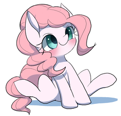 Size: 1612x1547 | Tagged: safe, artist:ccc, pinkie pie, earth pony, pony, g4, blushing, cute, diapinkes, female, mare, simple background, sitting, solo, white background
