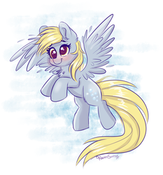 Size: 1634x1753 | Tagged: safe, artist:confetticakez, derpy hooves, pegasus, pony, g4, blushing, chest fluff, cute, derpabetes, female, flying, mare, raised hoof, smiling, solo, spread wings