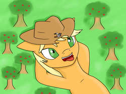 Size: 3264x2448 | Tagged: safe, artist:makershy, applejack, oc, unnamed oc, pony, g4, apple tree, cowboy hat, feeding, freckles, giant pony, hat, high res, macro, on back, open mouth, stetson, tongue out, tree