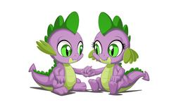 Size: 2560x1600 | Tagged: safe, artist:mysticalpha, spike, dragon, g4, baby, baby dragon, barb, barbabetes, claws, cute, fangs, female, green eyes, holding hands, looking at each other, male, rule 63, rule63betes, self dragondox, selfcest, shadow, ship:spikebarb, shipping, signature, simple background, sitting, smiling, spikabetes, white background