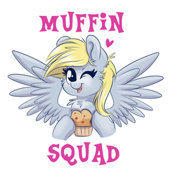 Size: 1567x1576 | Tagged: safe, artist:confetticakez, derpy hooves, pegasus, pony, g4, chest fluff, cute, derpabetes, ear fluff, female, food, heart, looking at you, mare, muffin, one eye closed, open mouth, simple background, smiling, solo, spread wings, that pony sure does love muffins, white background, wink