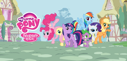 Size: 1600x776 | Tagged: safe, applejack, fluttershy, pinkie pie, rainbow dash, rarity, spike, twilight sparkle, dragon, g4, mane seven, mane six, my little pony logo, ponyville