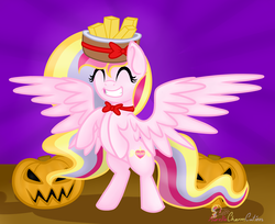 Size: 4153x3393 | Tagged: safe, artist:raspberrystudios, oc, oc only, oc:aurelia charm, pony, basket, bowtie, exotic butters, halloween, happy, high res, holiday, jack-o-lantern, lantern, nightmare night, pumpkin, rearing, solo, spread wings, standing