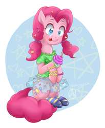 Size: 1808x2204 | Tagged: safe, artist:nekomash, pinkie pie, earth pony, pony, g4, alternate hairstyle, clothes, cupcake, cute, female, food, licking, licking lips, mary janes, pigtails, shoes, skirt, socks, solo, tongue out, twintails