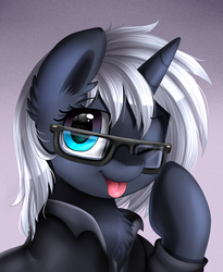 Size: 1446x1764 | Tagged: safe, artist:pridark, oc, oc only, oc:yaasho, pony, unicorn, bust, chest fluff, clothes, commission, cute, ear fluff, fluffy, glasses, one eye closed, portrait, raised hoof, solo, tongue out, wink