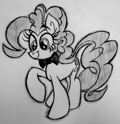 Size: 1439x1489 | Tagged: safe, artist:sparkarez, pinkie pie, earth pony, pony, g4, blushing, bowtie, female, raised hoof, smiling, solo, traditional art