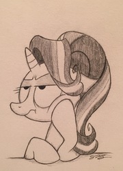 Size: 1712x2379 | Tagged: safe, artist:sparkarez, starlight glimmer, pony, unicorn, g4, bored, female, lidded eyes, monochrome, solo, traditional art, waiting