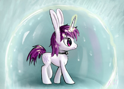 Size: 1725x1237 | Tagged: safe, artist:xbi, oc, oc only, oc:lapush buns, bunnycorn, pony, unicorn, bowtie, bunny ears, force field, male, rain, solo, walking