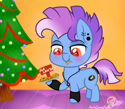 Size: 1024x890 | Tagged: safe, artist:raspberrystudios, oc, oc only, earth pony, pony, chibi, christmas, christmas tree, cookie, ear piercing, food, gauges, hearth's warming, jewelry, necklace, piercing, santa claus, secret santa, solo, stallion small pone, tree