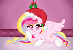 Size: 4759x3258 | Tagged: safe, artist:raspberrystudios, oc, oc only, oc:aurelia charm, alicorn, pony, alicorn oc, clothes, cute, high res, holly, holly mistaken for mistletoe, leaning, socks, solo, spread wings, sultry pose, wings