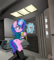 Size: 2448x2715 | Tagged: safe, artist:raspberrystudios, oc, oc only, pony, unicorn, cider, clothes, commission, game, high res, magic, medical, relax, sitting, solo, star trek, tricorder