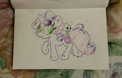 Size: 1280x813 | Tagged: safe, artist:shoeunit, sweetie belle, pony, unicorn, g4, female, solo, spike plushie, traditional art