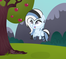 Size: 1651x1473 | Tagged: safe, artist:raspberrystudios, oc, oc only, pegasus, pony, apple, apple tree, chibi, clothes, commission, ear piercing, flying, food, gauges, mountain, piercing, scenery, smolpone, socks, solo, tree