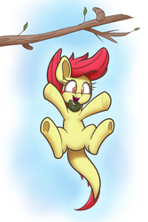 Size: 1000x1500 | Tagged: safe, artist:heir-of-rick, apple bloom, monster pony, original species, tatzlpony, g4, adorabloom, cute, female, jumping, open mouth, solo, tatzlbetes, tatzlbloom, tentacle tongue, tentacles, tongue out, tree branch, underhoof