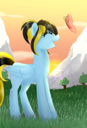 Size: 2585x3800 | Tagged: safe, artist:alexa1alexa, oc, oc only, oc:starsong, butterfly, pony, eyes closed, high res, mountain, solo, sunset