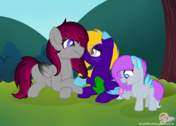 Size: 4132x2951 | Tagged: safe, artist:raspberrystudios, oc, oc only, oc:freakshow, butterfly, pony, commission, dad, daughter, family, family bonding, female, filly, high res, holding hooves, male, mare, mother, mountain, scenery, shipping, stallion, sunlight