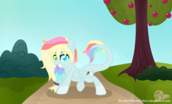 Size: 4494x2739 | Tagged: safe, artist:raspberrystudios, oc, oc only, oc:polar light, pegasus, pony, apple, bush, commission, fabulous, folded wings, food, hair tie, heterochromia, high res, lidded eyes, long tail, looking at you, multicolored mane, pose, scenery, smiling, solo, tree