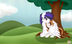 Size: 4800x3000 | Tagged: safe, artist:raspberrystudios, oc, oc only, blushing, cloud, commission, company, cuddling, high res, hill, hug, meme, otp, scenery, shipping, sitting, snuggling, tree, winghug, wings