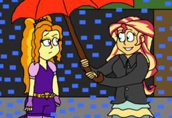 Size: 1000x682 | Tagged: safe, artist:ktd1993, adagio dazzle, sunset shimmer, equestria girls, g4, clothes, female, hey arnold, lesbian, rain, reference, ship:sunsagio, shipping, umbrella