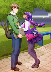 Size: 2480x3507 | Tagged: safe, artist:kirael-art, twilight sparkle, human, g4, bag, blushing, clothes, couple, crossover, crossover shipping, dark skin, eye contact, folder, glasses, height difference, high heels, high res, humanized, looking at each other, male, pantyhose, park, peter parker, pleated skirt, purse, ribbon, self ponidox, shipping, shoes, skirt, skirt lift, socks, spider-man, spidertwi, stockings, straight, twilight sparkle (alicorn), vest