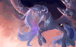 Size: 800x500 | Tagged: safe, artist:equum_amici, artist:gianghanz, princess luna, alicorn, pony, g4, absurd file size, absurd gif size, animated, cinemagraph, female, flying, gif, jewelry, runes, scenery, smiling, solo, too big for derpibooru, wing jewelry