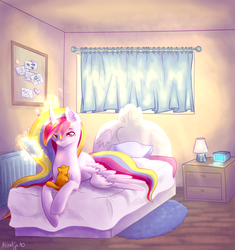 Size: 1877x2000 | Tagged: safe, artist:nienje10, oc, oc only, oc:aurelia charm, alicorn, cat, pony, alicorn oc, beautiful, bed, bedroom, cellphone, female, kitten, magic, mare, multicolored mane, phone, relaxing, snuggling, solo, spread wings
