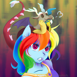 Size: 1000x1000 | Tagged: safe, artist:kyotoxart, discord, rainbow dash, draconequus, anthro, g4, clothes, duo, female, male, on head