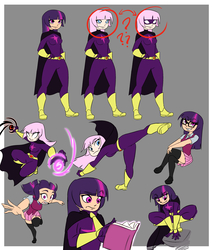 Size: 3800x4400 | Tagged: safe, artist:smilingdogz, mare do well, twilight sparkle, human, g4, absurd resolution, boots, clothes, costume, dark magic, glasses, humanized, magic, miniskirt, shoes, skirt, socks, thigh highs, thigh socks