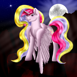 Size: 3600x3600 | Tagged: safe, artist:nightmarederpy, oc, oc only, oc:aurelia charm, alicorn, pony, alicorn oc, beautiful, detailed, high res, moon, night, night sky, solo, spread wings, wings down