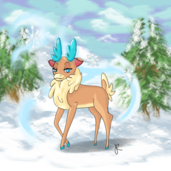 Size: 1000x1000 | Tagged: safe, artist:pallasmercury, velvet (tfh), deer, reindeer, them's fightin' herds, community related, female, looking at you, scenery, signature, snow, solo, tree, wavy mouth
