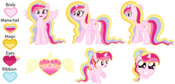 Size: 1600x770 | Tagged: safe, artist:scourge707, oc, oc only, oc:aurelia charm, alicorn, pony, alicorn oc, back, big eyes, female, filly, folded wings, reference sheet, spread wings, walking