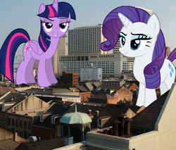 Size: 3675x3135 | Tagged: safe, artist:logan859, artist:sketchmcreations, artist:slb94, rarity, twilight sparkle, alicorn, pony, unicorn, g4, giant pony, high res, highrise ponies, irl, louisiana, macro, mega twilight sparkle, new orleans, photo, ponies in real life, twilight sparkle (alicorn)