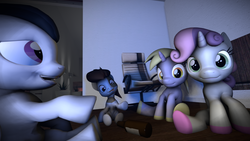 Size: 3840x2160 | Tagged: safe, artist:viranimation, dinky hooves, pipsqueak, rumble, sweetie belle, pony, unicorn, g4, 3d, female, high res, hoof polish, male, nail polish, ship:dinkysqueak, ship:rumbelle, shipping, source filmmaker, spin the bottle, straight