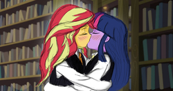 Size: 1128x596 | Tagged: safe, artist:angeltorchic, sunset shimmer, twilight sparkle, equestria girls, g4, blushing, canterlot academia, clothes, duo, eyes closed, female, kissing, lesbian, library, making out, ship:sunsetsparkle, shipping