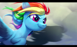 Size: 1920x1175 | Tagged: safe, artist:imalou, rainbow dash, pegasus, pony, g4, cloud, female, flying, mare, shadow, solo, spread wings, windswept mane