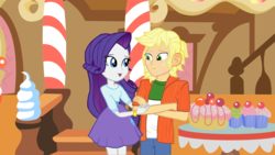 Size: 1549x871 | Tagged: safe, artist:hectorcabz, applejack, rarity, equestria girls, g4, bracelet, cake, clothes, couple, cupcake, desert, equestria guys, food, half r63 shipping, jewelry, male, rule 63, shipping, skirt, smiling, straight, sugarcube corner