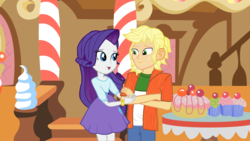 Size: 1549x871 | Tagged: safe, artist:hectorcabz, applejack, rarity, equestria girls, g4, bracelet, cake, clothes, couple, cupcake, desert, equestria guys, food, half r63 shipping, jewelry, legs together, male, rule 63, shipping, skirt, smiling, straight, sugarcube corner