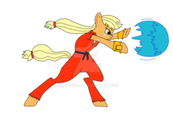 Size: 1024x711 | Tagged: safe, artist:dragondaak, applejack, earth pony, pony, g4, bipedal, clothes, cosplay, costume, female, hadouken, ken masters, solo, street fighter, watermark