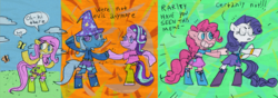 Size: 1280x449 | Tagged: safe, artist:cate wurtz, fluttershy, pinkie pie, rarity, starlight glimmer, trixie, butterfly, earth pony, pegasus, pony, unicorn, semi-anthro, g4, bipedal, cellphone, clothes, dialogue, dragon ball, dragon ball z, equestria girls outfit, hoofbump, male, phone, smartphone, stylistic suck, vegeta, vegeta's shirt
