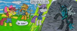 Size: 1280x521 | Tagged: safe, artist:cate wurtz, apple bloom, applejack, boulder (g4), maud pie, queen chrysalis, changeling, earth pony, pony, semi-anthro, g4, bipedal, clothes, dialogue, equestria girls outfit, overalls, stylistic suck