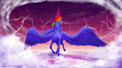 Size: 1920x1080 | Tagged: safe, artist:xormak, rainbow dash, alicorn, pony, g4, alicornified, female, lightning, race swap, rainbowcorn, solo