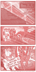 Size: 800x1594 | Tagged: safe, artist:vavacung, applejack, nightmare rarity, earth pony, pony, unicorn, comic:chaos future, g4, butt, comic, exclamation point, female, insertion, interrobang, magic, mare, plot, question mark, vaginal insertion, weapon, wooden sword