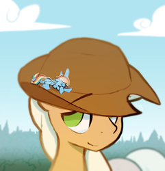 Size: 1400x1453 | Tagged: safe, artist:darkflame75, applejack, rainbow dash, earth pony, pegasus, pony, g4, big-apple-pony, commission, cowboy hat, crossed hooves, cute, duo, eyes closed, giant pony, hat, looking up, macro, nap, never doubt ncmares's involvement, sleeping, smiling, stetson
