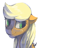 Size: 1991x1354 | Tagged: safe, artist:risterdus, applejack, earth pony, pony, g4, bust, female, hatless, loose hair, missing accessory, portrait, simple background, smiling, solo, white background