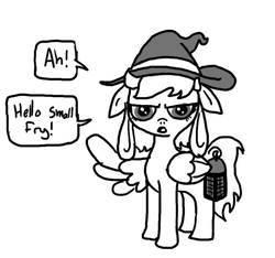 Size: 640x600 | Tagged: safe, artist:ficficponyfic, oc, oc only, oc:vee ness, pegasus, pony, colt quest, adult, crossover, female, hat, lantern, mare, monochrome, solo, story included, wings, witch, witch hat