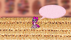 Size: 1920x1080 | Tagged: safe, artist:employeeamillion, pinkie pie, earth pony, pony, ask micro pinkie pie, g4, female, golden oaks library, micro, solo, speech bubble, table