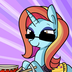 Size: 1080x1080 | Tagged: safe, artist:tjpones, sassy saddles, pony, unicorn, g4, abstract background, drums, drumsticks, female, musical instrument, smiling, solo, sunglasses, tape